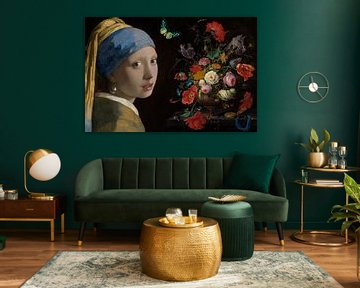 Het meisje met de parel met vlinder en bloemen van Digital Art Studio