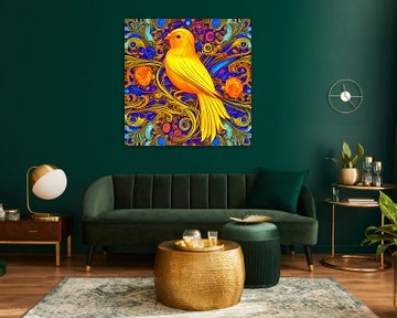 Goldgelber Vogel mit reich verziertem Hintergrund - Kunstdruck von Lily van Riemsdijk - Art Prints with Color