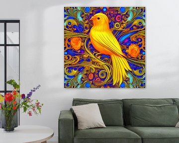 Goldgelber Vogel mit reich verziertem Hintergrund - Kunstdruck von Lily van Riemsdijk - Art Prints with Color