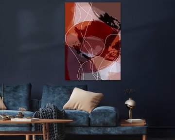 Abstract modern schilderij in warme kleuren : bruin, oranje, paars, zwart en wit van Dina Dankers