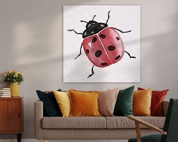 Red ladybug with black dots (square watercolor painting insect nursery animals) by Natalie Bruns