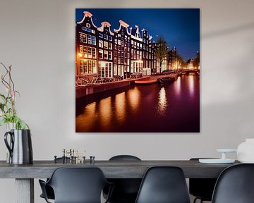 Amsterdamse pakhuizen aan de gracht in de avond van Edsard Keuning