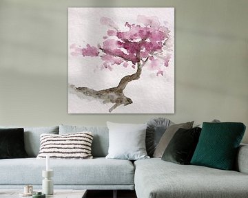 Arbre japonais avec cerisier rose en fleur (peinture aquarelle sakura Japon fleurs romantique printe