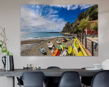 Beach with boats in Monterosso al Mare on the Mediterranean coast i