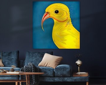 Illustratie van gele vogel met grijs blauwe turquoise achtergrond - decoratieve art print van Lily van Riemsdijk - Art Prints with Color
