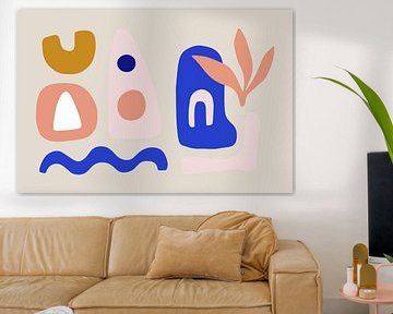 Modern, hip collage with geometric and organic shapes in nicely matched colors.