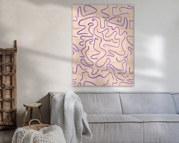 Modern en abstracte lijnen op een tegelpatroon, zalm - lila van Mijke Konijn
