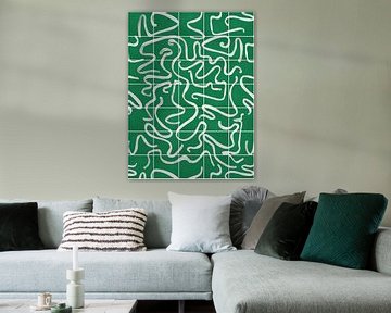 Modern en abstracte lijnen op een tegelpatroon, groen - wit van Mijke Konijn