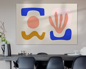 Modern, hip collage with geometric and organic shapes in nicely matched colors.