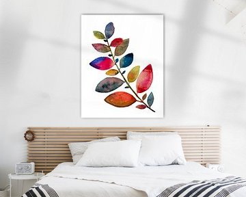 Branch with leaves in cheerful colors | Watercolor painting by WatercolorWall