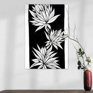 Schwarz-weiße stilisierte Blumen - dekorativer Kunstdruck