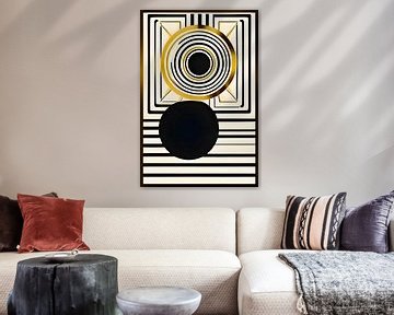 Motif géométrique avec cercle et lignes, jaune or, brun, noir - Motif décoratif Art déco sur Lily van Riemsdijk - Art Prints with Color