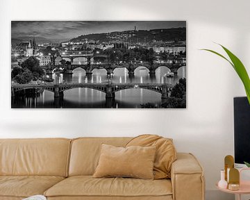 Evening view over the Vltava bridges in Prague - Monochrome by Melanie Viola