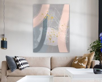 Abstract geometric organic shapes and lines in pastel colors in blue, pink and gold by Dina Dankers