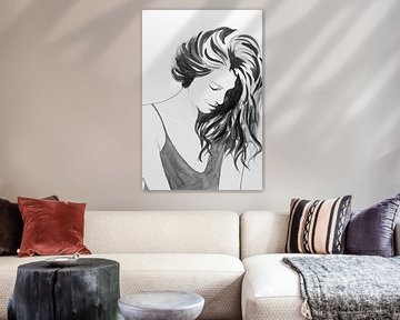 Mooie jonge vrouw kijkt weg (zwart wit aquarel schilderij portret vriendelijk glimlach grijstinten)