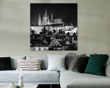 De Praagse Burcht en de Sint-Vituskathedraal bij nacht - monochroom