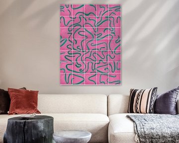 Modern en abstracte lijnen op een tegelpatroon, roze - groen van Mijke Konijn