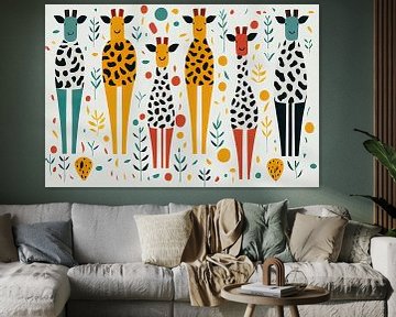 Kleurrijk patroon met Giraffen in de stijl van Marimekko van Whale & Sons.