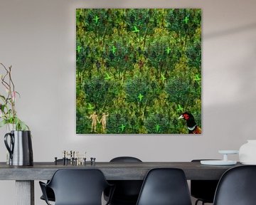 Migratie, digitaal schilderij met bomen,  mensen en halsbandparkieten van Ruben van Gogh - smartphoneart