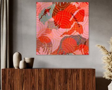 Japans geometrisch retro gouden patroon in roze, rood en warm grijs van Dina Dankers