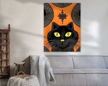 Decoratieve zwarte kat met orange achtergrond - digitale illustratie van Lily van Riemsdijk - Art Prints with Color