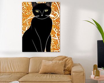 Schwarze Katze mit orangefarbenen dekorativen Muster - digitale Illustration von Lily van Riemsdijk - Art Prints with Color
