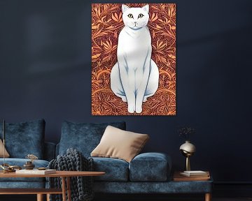 Witte kat met orange beige decoratieve achtergrond - illustratie art print van Lily van Riemsdijk - Art Prints with Color