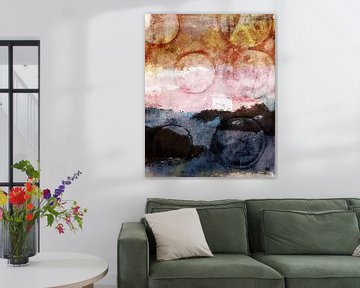 Kunst in pastel en aardetinten. Abstracte compositie in blauw, aardetinten, roze en wit van Dina Dankers