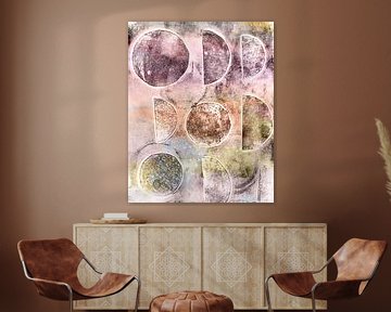 Kunst in pastel en aardetinten. Abstracte compositie in roestig paars, roze, geel en bruin van Dina Dankers