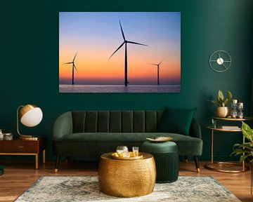 Wind turbines in an offshore wind park during sunset by Sjoerd van der Wal