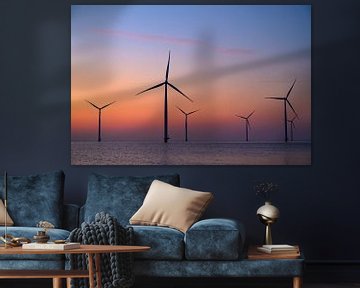 Windturbinen in einem Offshore-Windpark bei Sonnenuntergang von Sjoerd van der Wal Fotografie