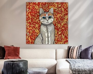 Kater met de decoratieve achtergrond, beige, rood, patronen - illustratieve tekening van een kat van Lily van Riemsdijk - Art Prints with Color