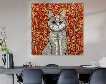 Kater met de decoratieve achtergrond, beige, rood, patronen - illustratieve tekening van een kat van Lily van Riemsdijk - Art Prints met Kleur
