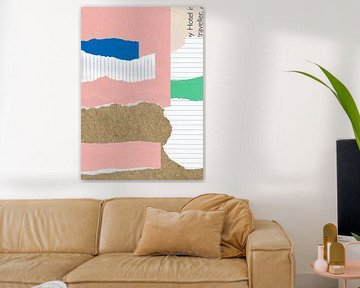 Collage van gescheurd papier in wit, bruin, roze, groen en blauw. Verrassend aan je muur! van Studio Allee