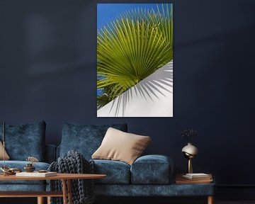 Palmbladeren, blauwe lucht en witte muur 2 van Adriana Mueller
