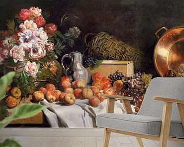 Alfred Petit,Stilleven met bloemen en fruit op een tafel