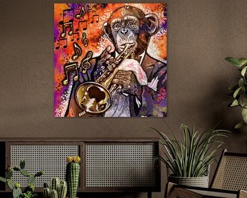 "Music monkey trumpet" van KleurrijkeKunst van Lianne Schotman