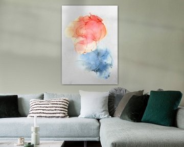 Kleurrijk, modern abstract aquarel in oranje, roze, blauw en geel. van Studio Allee