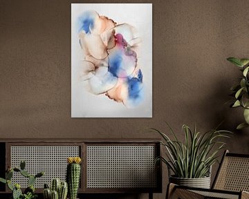 Aquarelle abstraite moderne et colorée en brun, bleu et rose sur Studio Allee