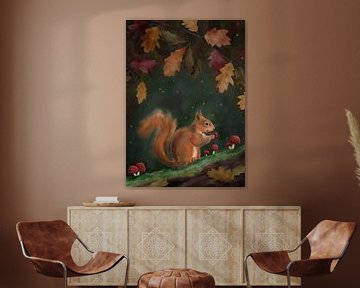 Herfst illustratie van een eekhoorn in het bos