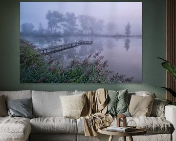 Wooden jetty at foggy lake by Moetwil en van Dijk - Fotografie