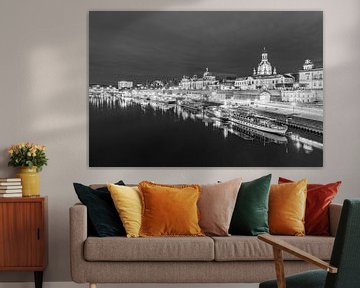 Black and white photography Dresden skyline with Frauenkirche church by Werner Dieterich