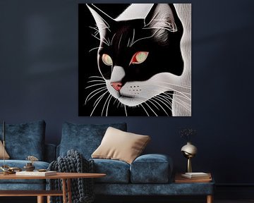 Schwarz-weiße Katze mit roten Feueraugen - Digitaler Kunstdruck von Lily van Riemsdijk - Art Prints with Color