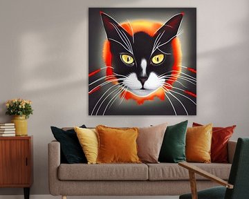 Schwarz-weiße Katze mit feurigem Hintergrund - Digitaler Kunstdruck von Lily van Riemsdijk - Art Prints with Color