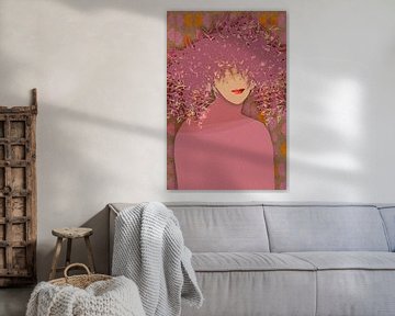 Retro portret van een vrouw in paarse bloemenhoed in roze, bruin en oranje