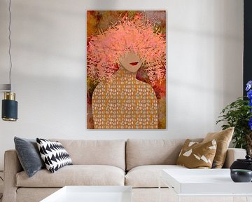Retro bohemian portrait of a woman in floral hat in warm red, orange, pink and brown by Dina Dankers