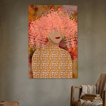 Retro portret van een vrouw met bloemenhoed in warm rood, oranje, roze en bruin van Dina Dankers