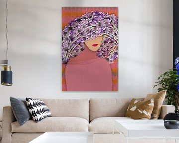 Retro portrait of a woman in lavender hat in pastel pink, orange and brown by Dina Dankers
