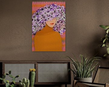 Retro portrait of a woman in lavender hat in pastel pink and orange by Dina Dankers