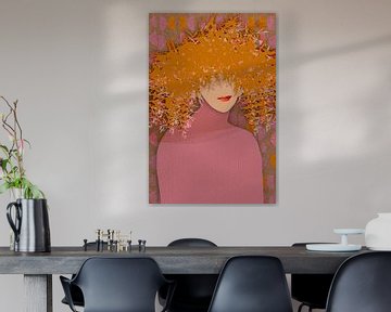 Retro-Porträt einer Frau in Pastellrosa, dunklem Orange und Braun